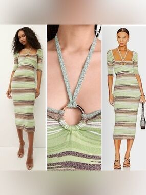 VERONICA BEARD Kante Knit Dress Halter Striped Midi Green Cocktail Sexy Bodycon